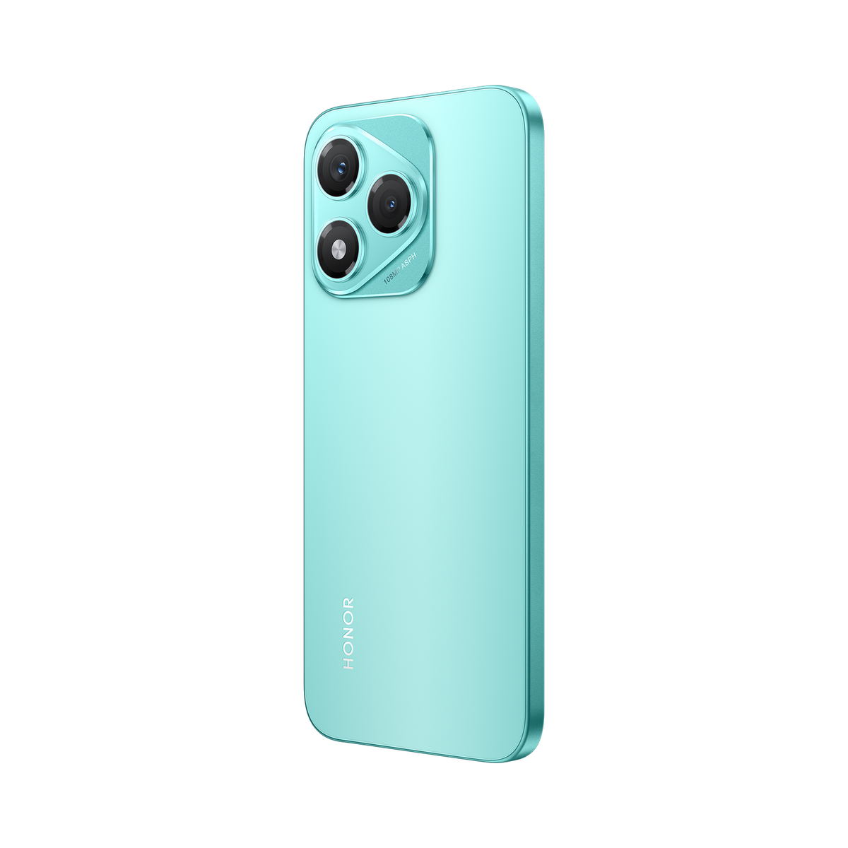 Mint-green smartphone with a triple-camera setup. Viewed from the back, black background.