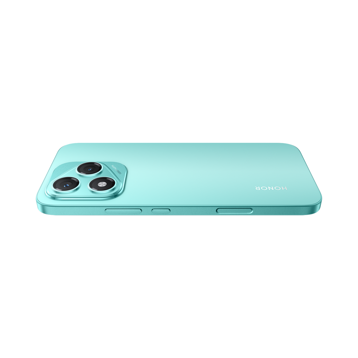 Mint green phone with triple camera lenses on a black surface.