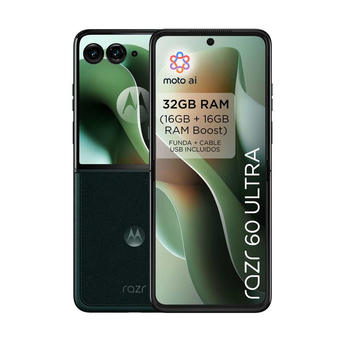 Złożony czarny telefon z zielonymi akcentami. Wyświetla telefon po otwarciu, z wieloma kamerami.