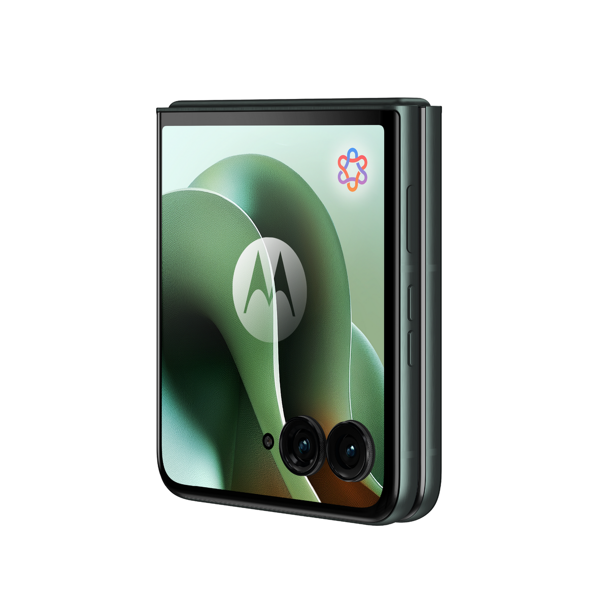 Składany telefon, ciemnozielony kolor, podwójne aparaty i logo Motorola na ekranie.