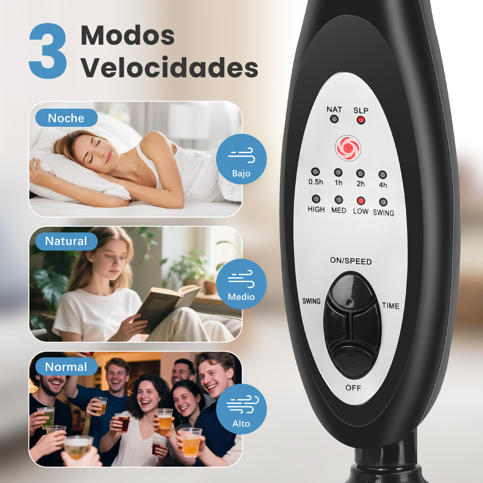 Diagrama que muestra tres modos de velocidad del ventilador: Noche, Natural y Normal, con ilustraciones relacionadas.