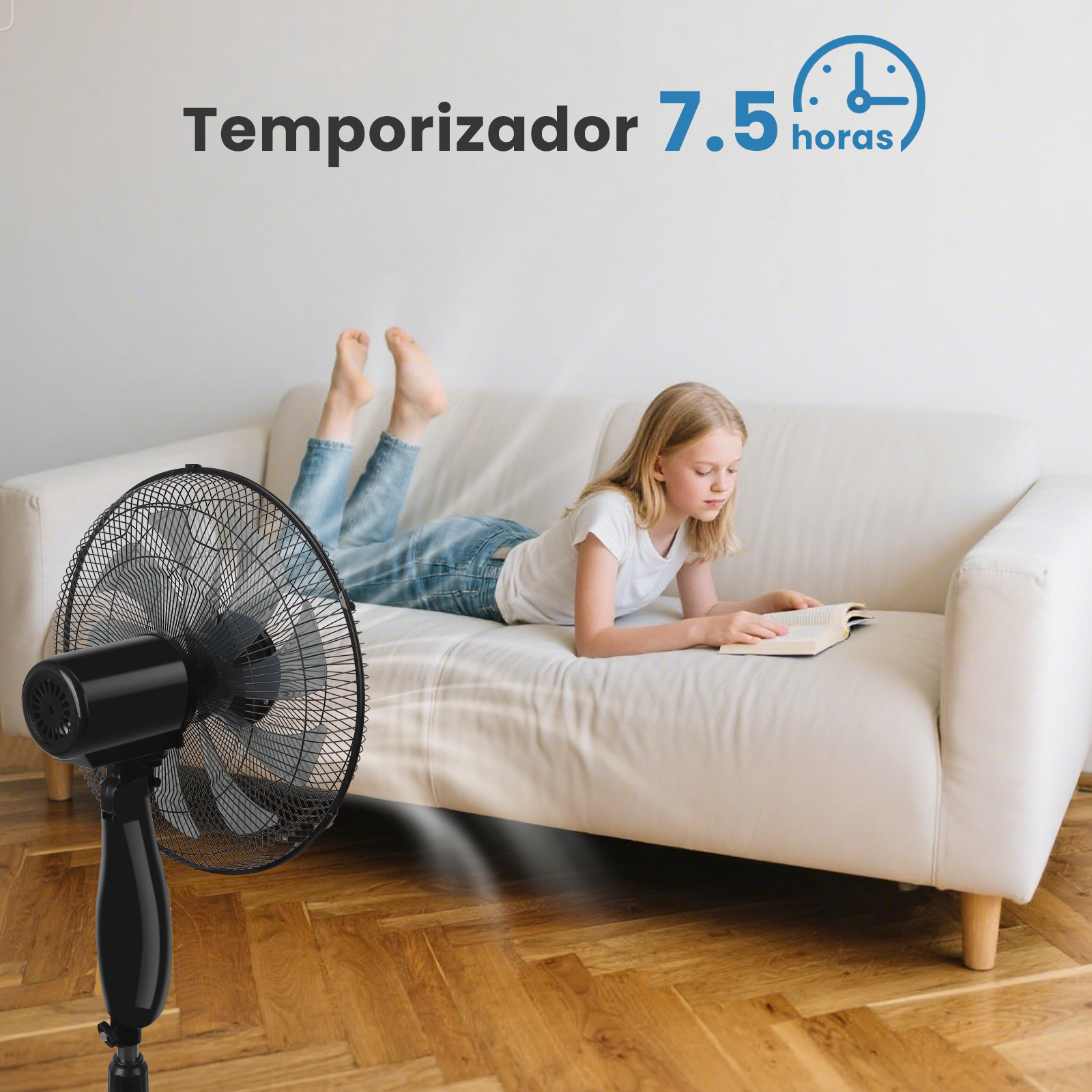 Mujer leyendo en un sofá, un ventilador negro delante y un gráfico de temporizador.