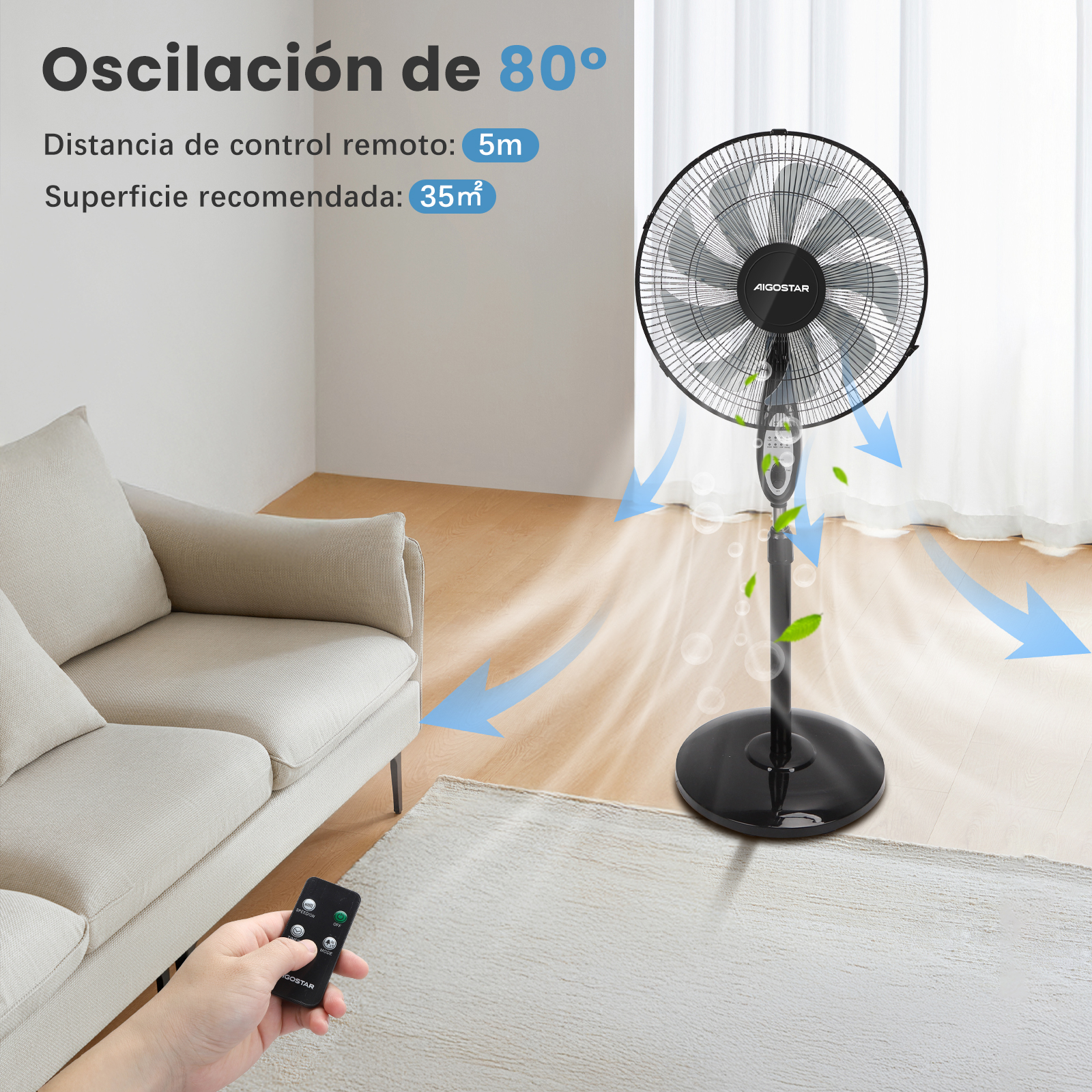Ventilador de pie negro con mando a distancia en mano y sofá al fondo. Flechas azules indican flujo de aire.