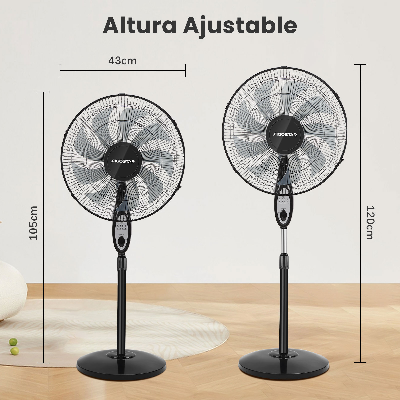 Dos ventiladores de pie negros, uno más alto que el otro, con dimensiones, sobre suelo de madera.