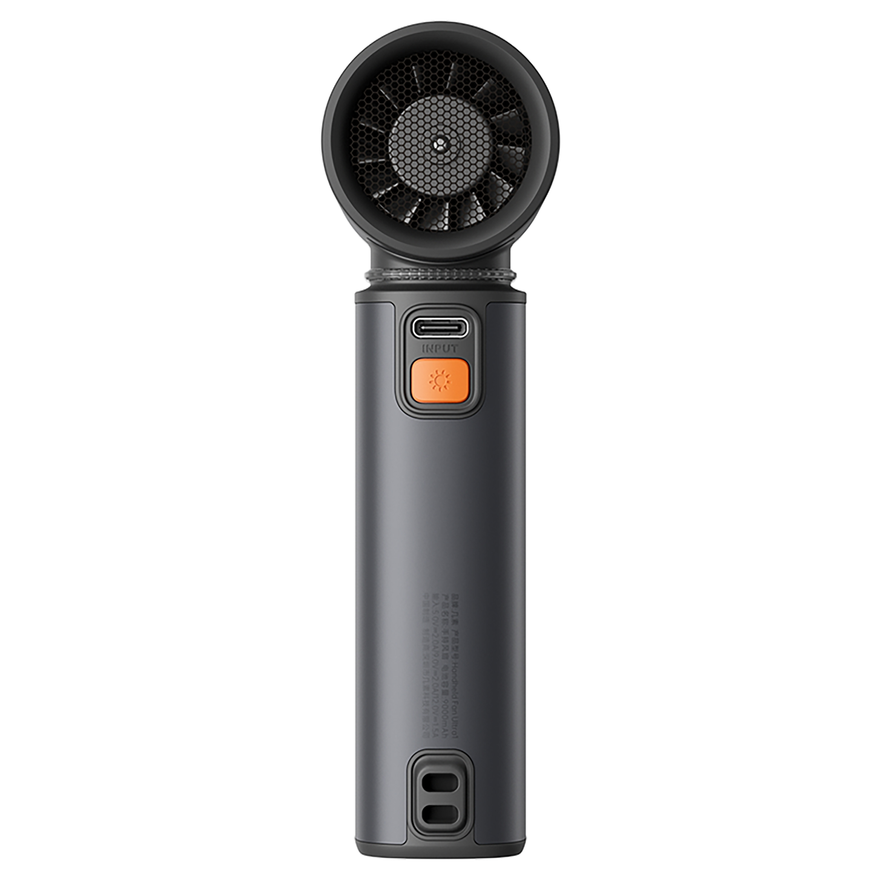 Ventilador portátil negro y gris con botón de encendido naranja. Vista superior.