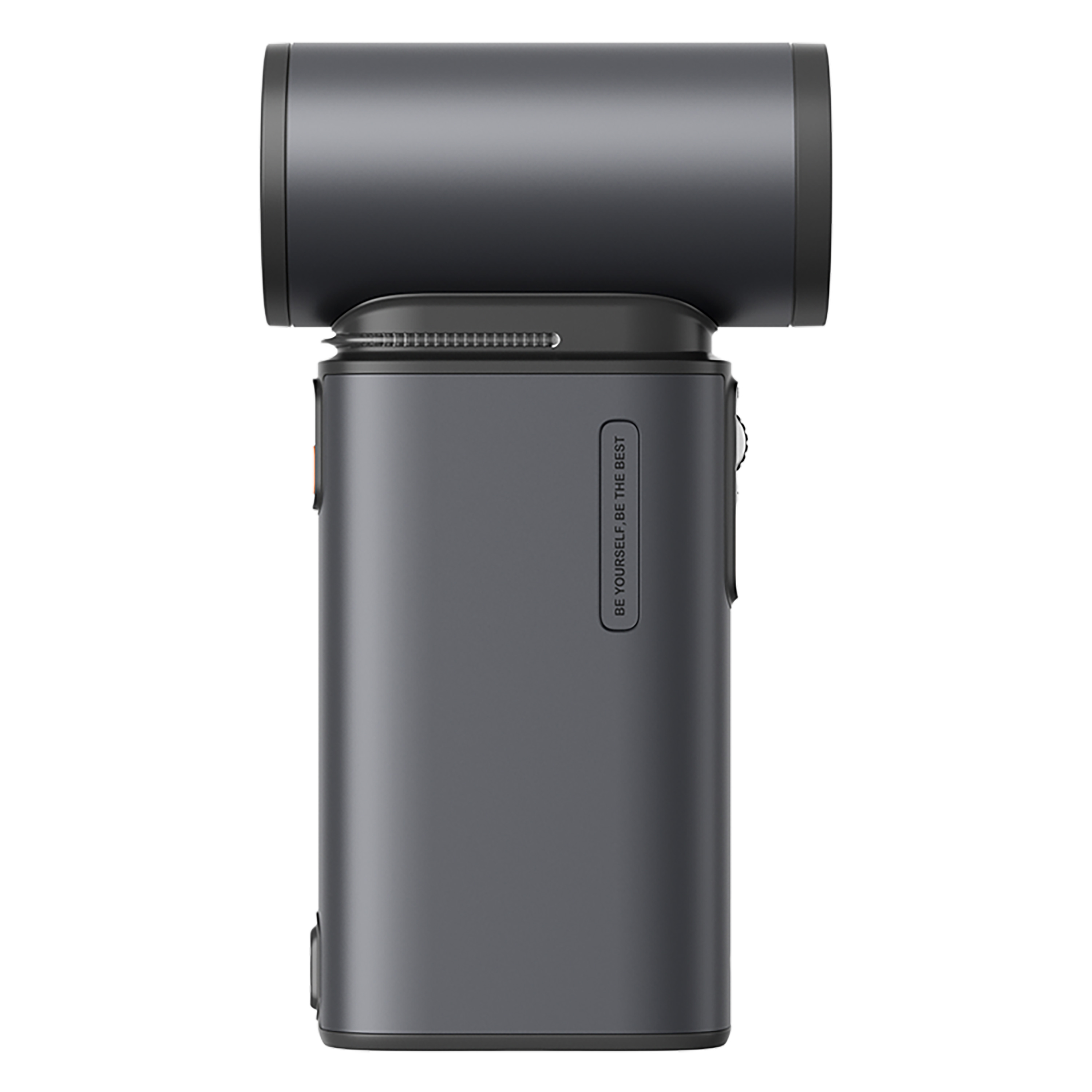 Un proyector portátil gris oscuro con una lente negra en la parte superior y un altavoz.