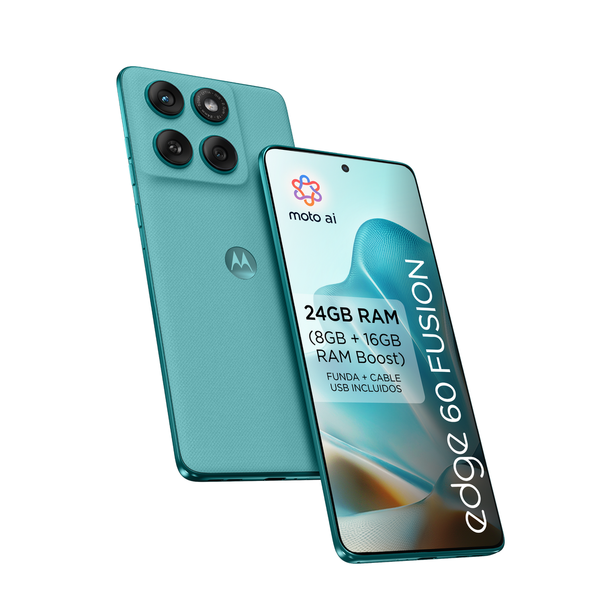 Dwa turkusowe smartfony. Jeden pokazuje tył z aparatami, drugi wyświetla ekran z tekstem.