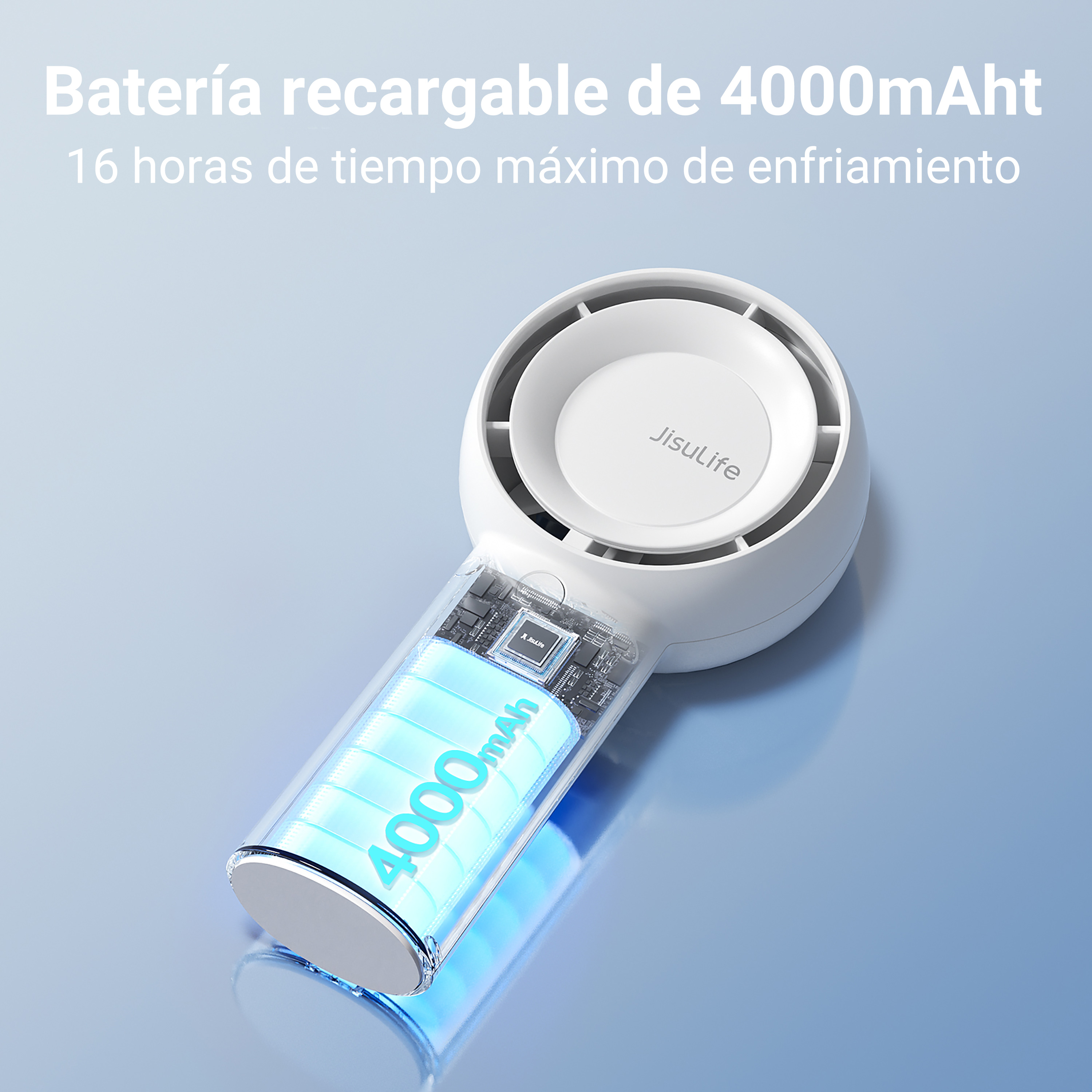 Weißer Handventilator mit transparentem Batteriefach, das eine blau leuchtende Batterie zeigt. Die Marke ist Jisulife.