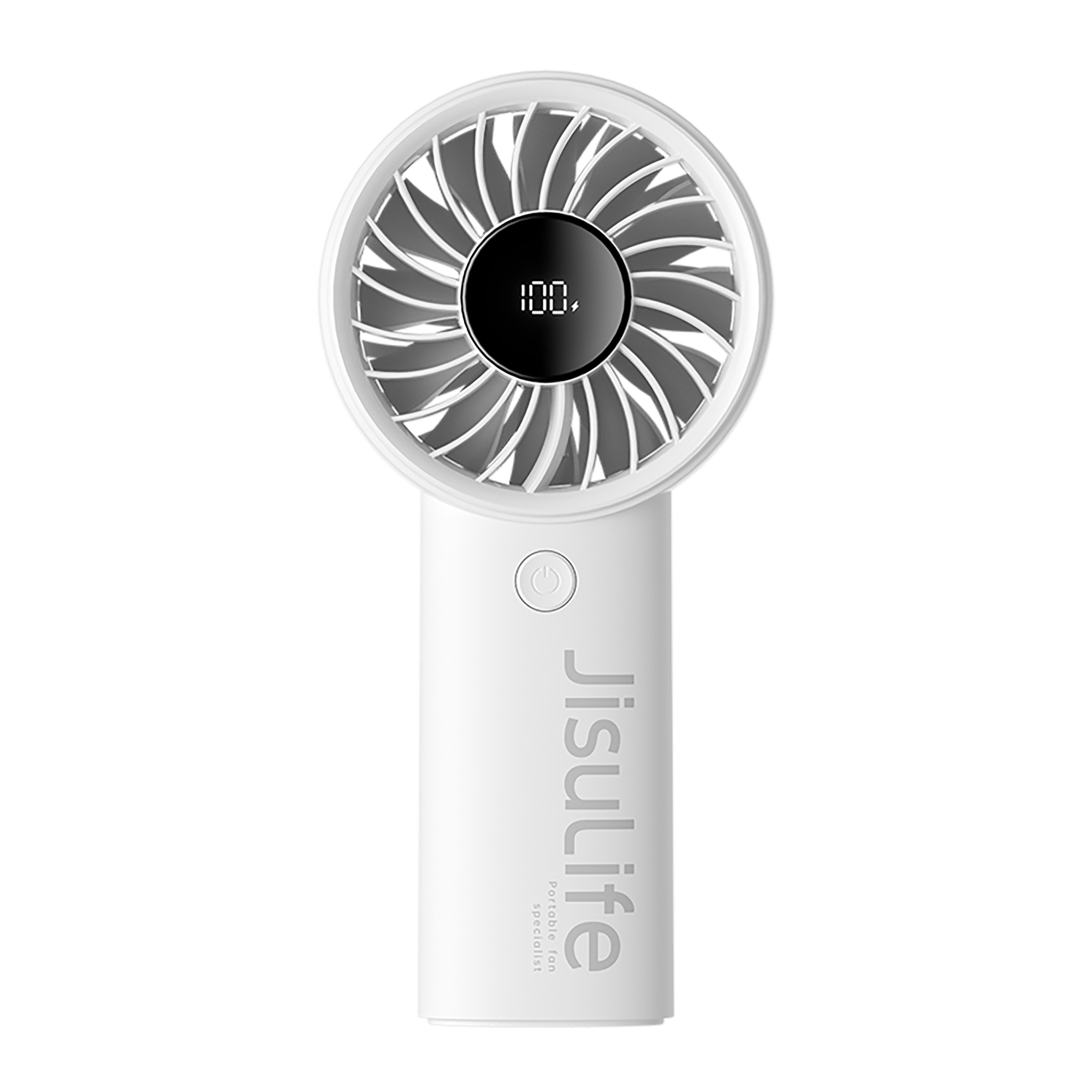 Ventilatore portatile Jisulife bianco con display digitale che mostra '100'. Pulsante di accensione visibile.