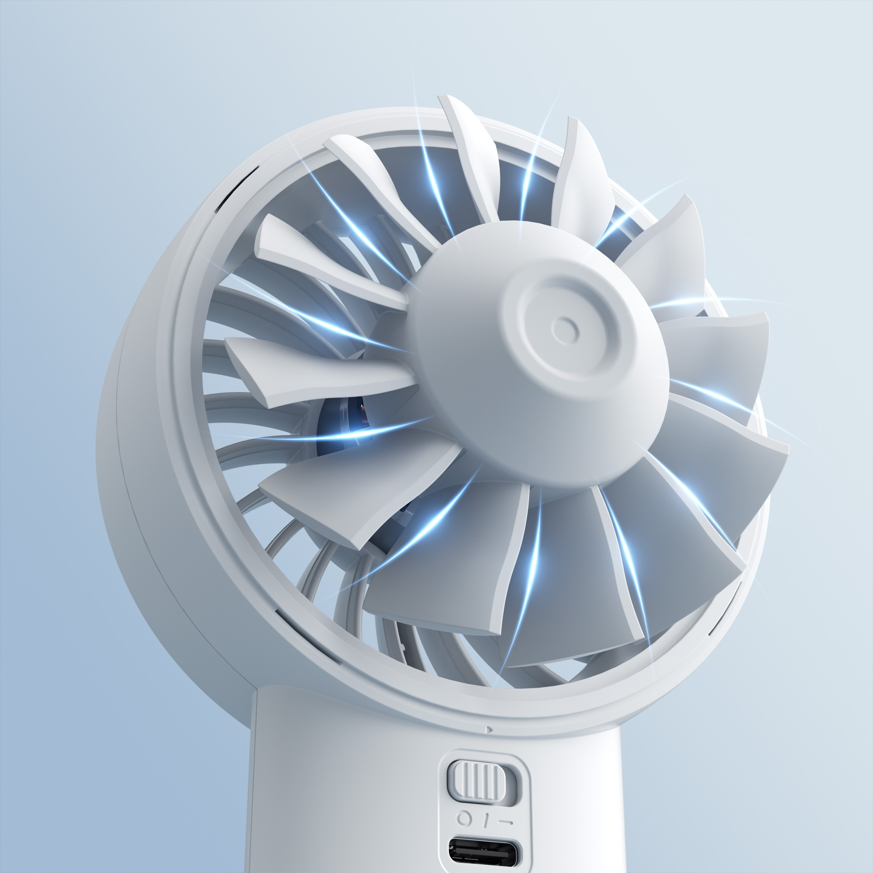 Un ventilatore portatile bianco con pale curve e accenti di luce blu su sfondo azzurro.