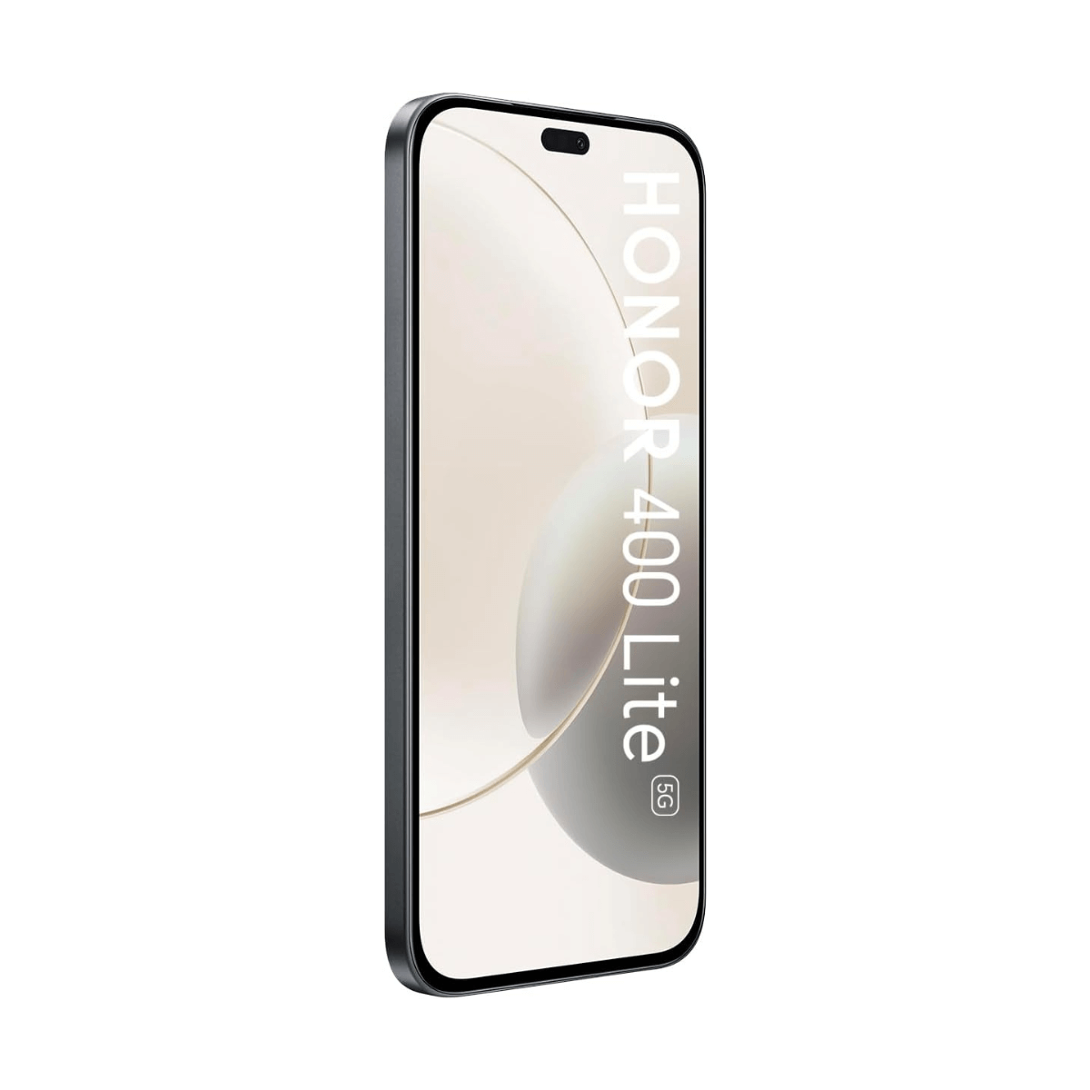 Czarny telefon, HONOR 400 Lite, na białym tle. Ma zakrzywiony ekran i aparat.