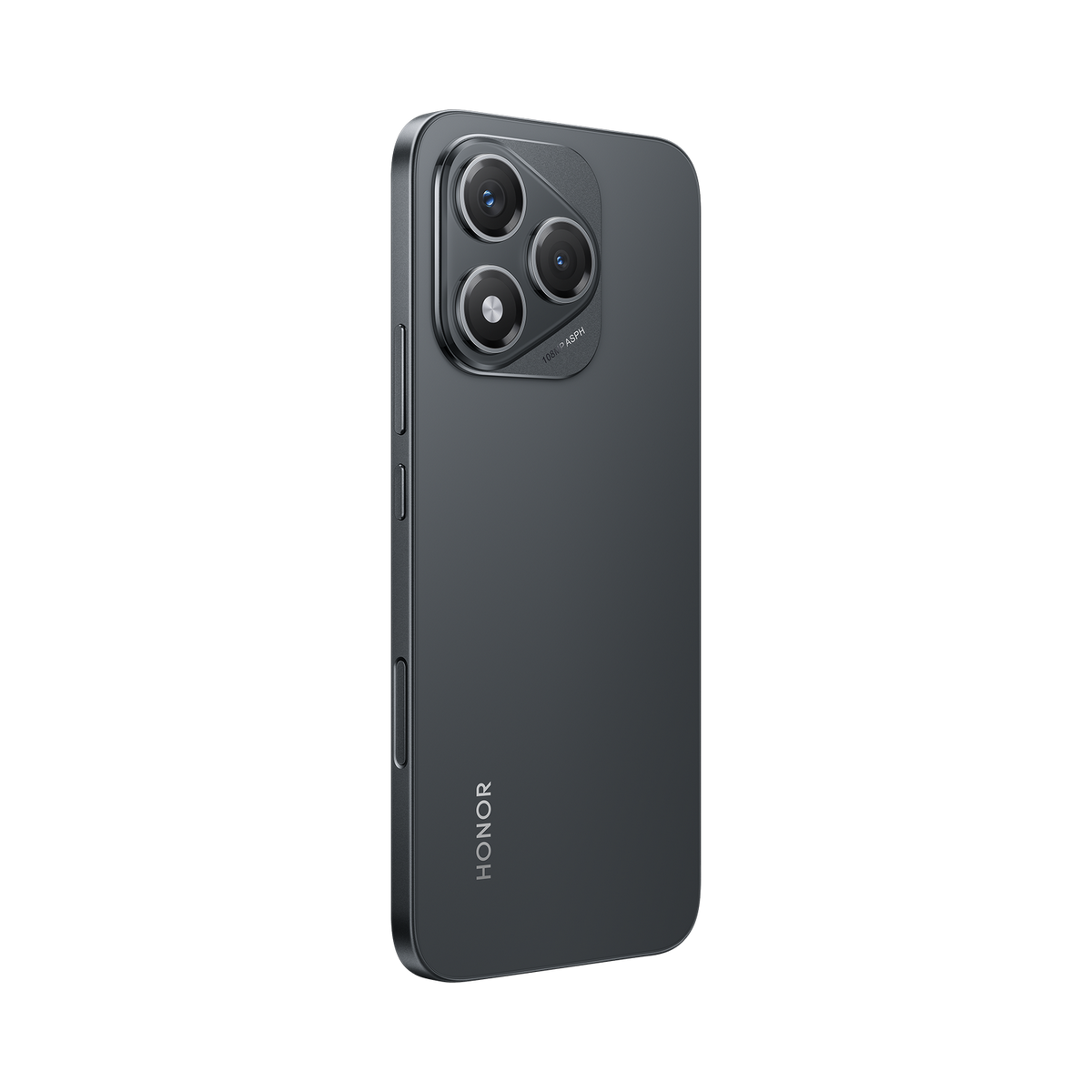 Ciemnoszary smartfon HONOR z boku. Ma trzy kamery, zakrzywioną konstrukcję i logo HONOR.