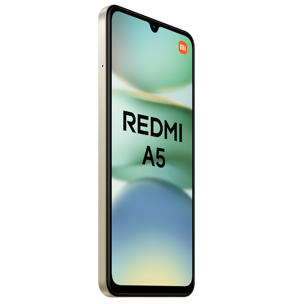 Redmi A5 Smartphone in Gold, mit buntem Hintergrundbild auf dem Bildschirm. Schwarzer Hintergrund.