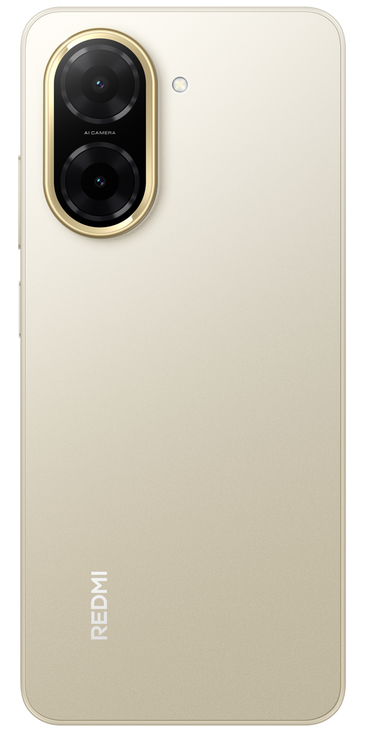 Cremefarbene Smartphone-Rückseite mit Dual-Kameras und dem Redmi-Logo.