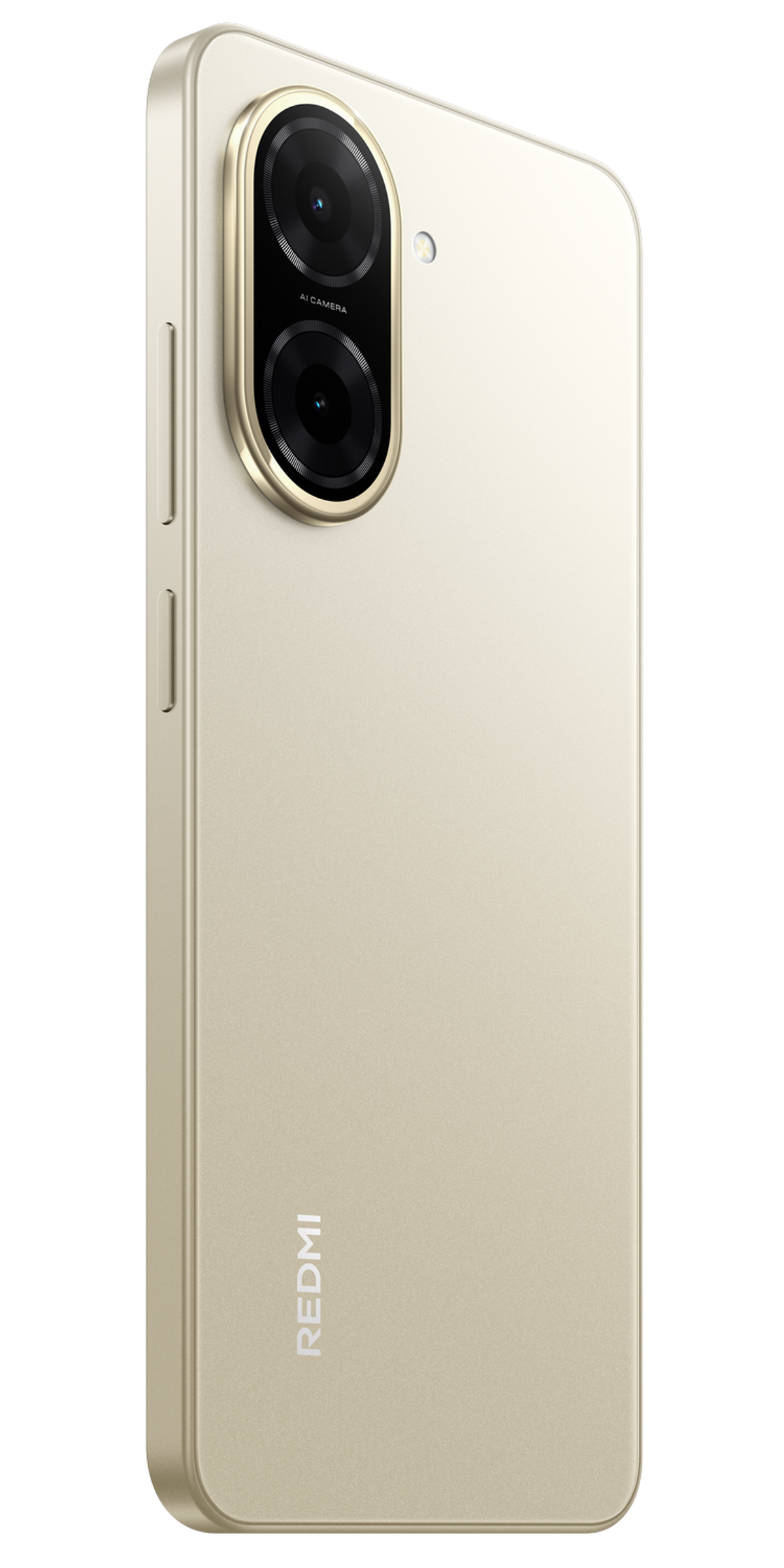 Goldenes Telefon mit zwei Kameras. Es befindet sich auf schwarzem Hintergrund. Redmi-Logo sichtbar.