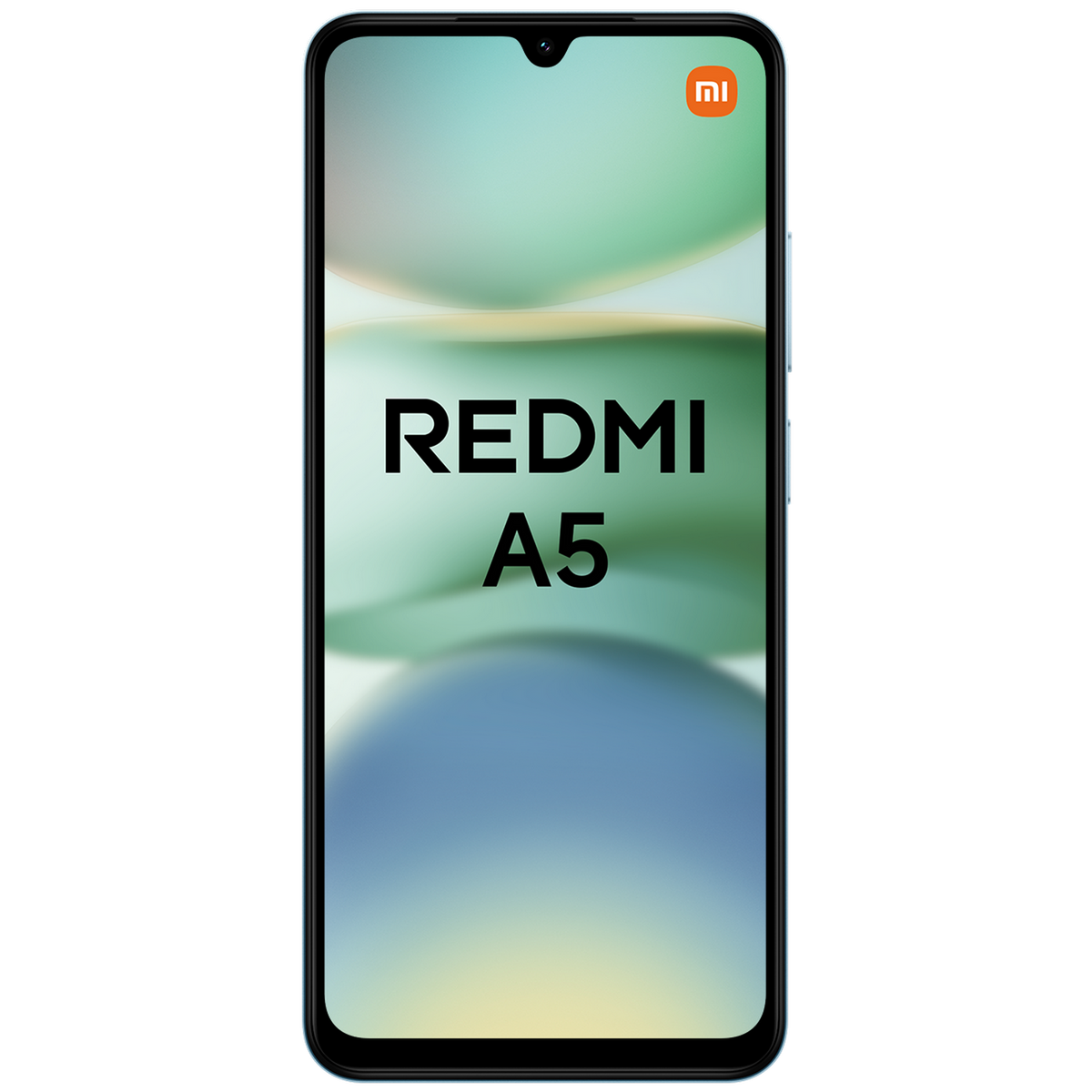 Smartfon Redmi A5, czarny ekran, jasnoniebieska ramka i tło z niebiesko-zielonym gradientem.