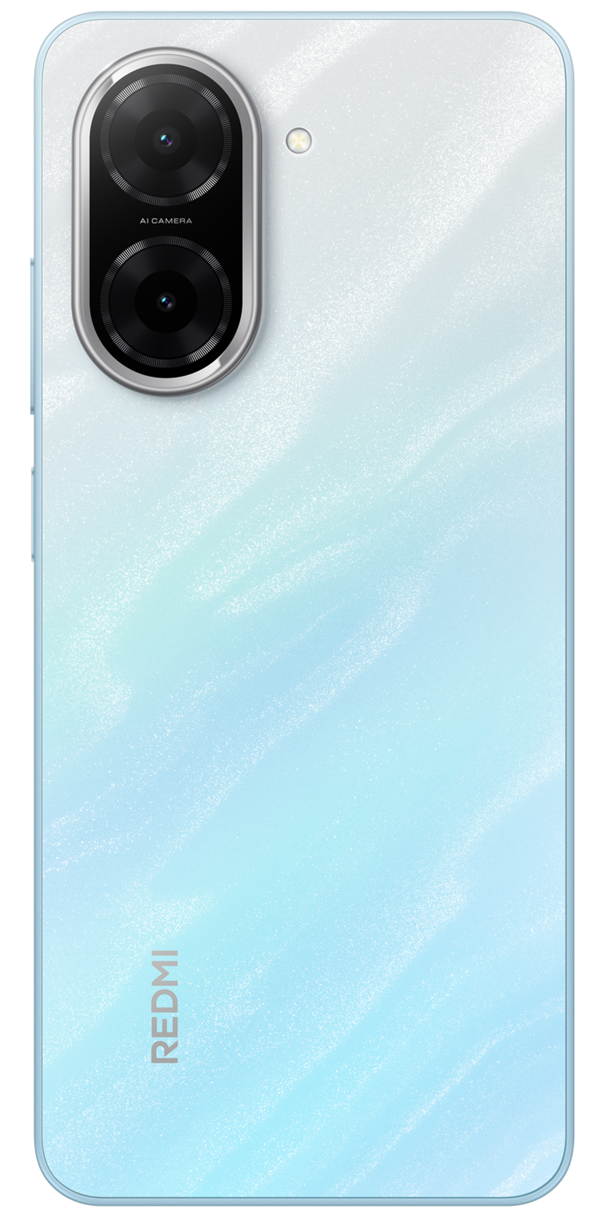 Tył białego i niebieskiego telefonu Redmi z gradientem z dwoma obiektywami aparatu.