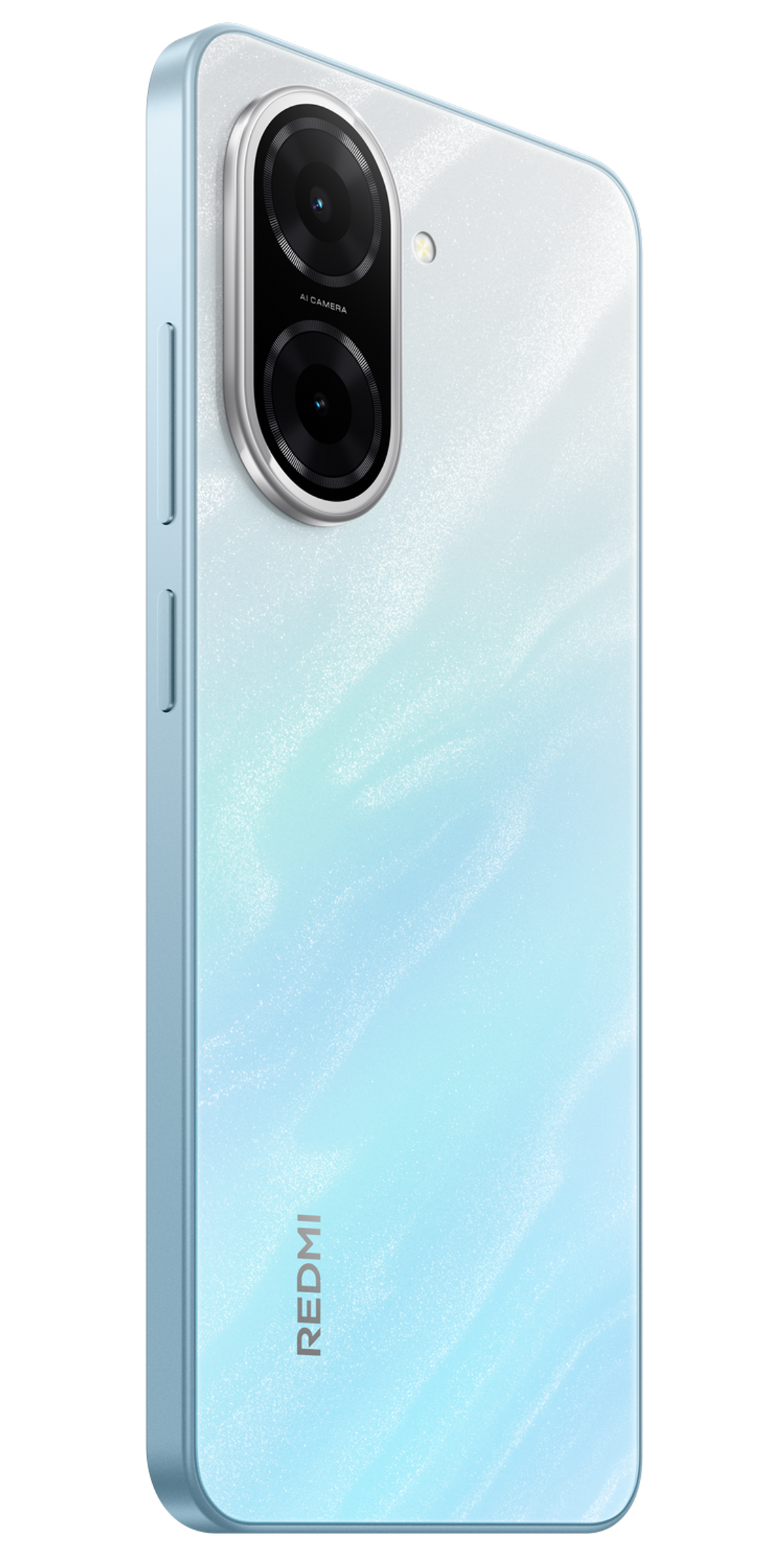 Niebiesko-biały gradient z tyłu smartfona z dwoma obiektywami aparatu i logo REDMI.