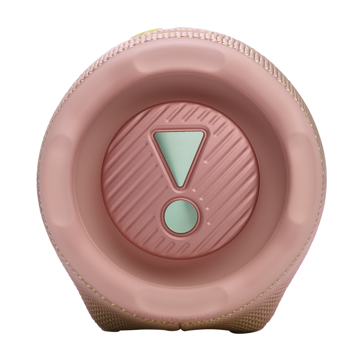 Widok z góry na różowy głośnik JBL. Ma miętowy środek z wykrzyknikiem.