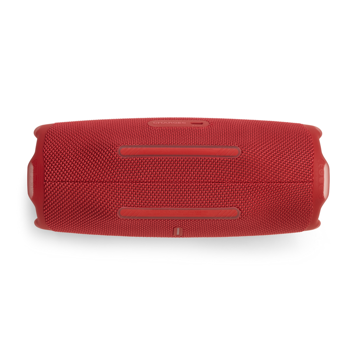 Roter JBL Charge 5 Lautsprecher. Der Lautsprecher ist rechteckig und hat Stoffstruktur.