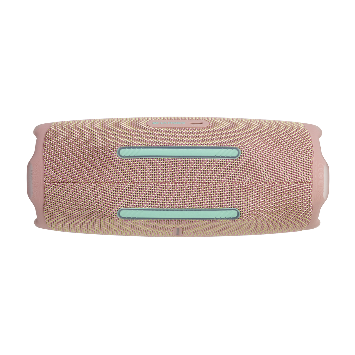 Różowy i beżowy głośnik z jasnoniebieskimi akcentami i czarnym tłem.