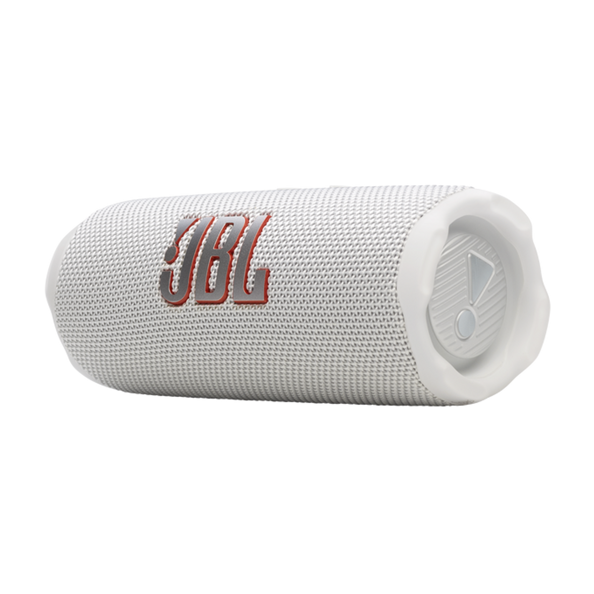 Biały głośnik JBL. Ma siatkową teksturę i czerwone logo JBL. Kształt jest cylindryczny.