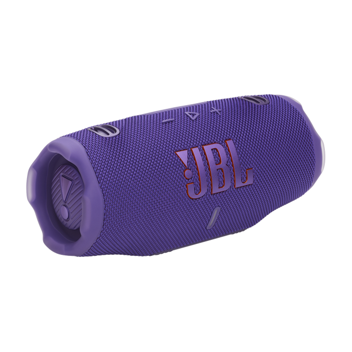 Fioletowy głośnik JBL. Prostokątny kształt z zaokrąglonymi krawędziami. Logo JBL widoczne.