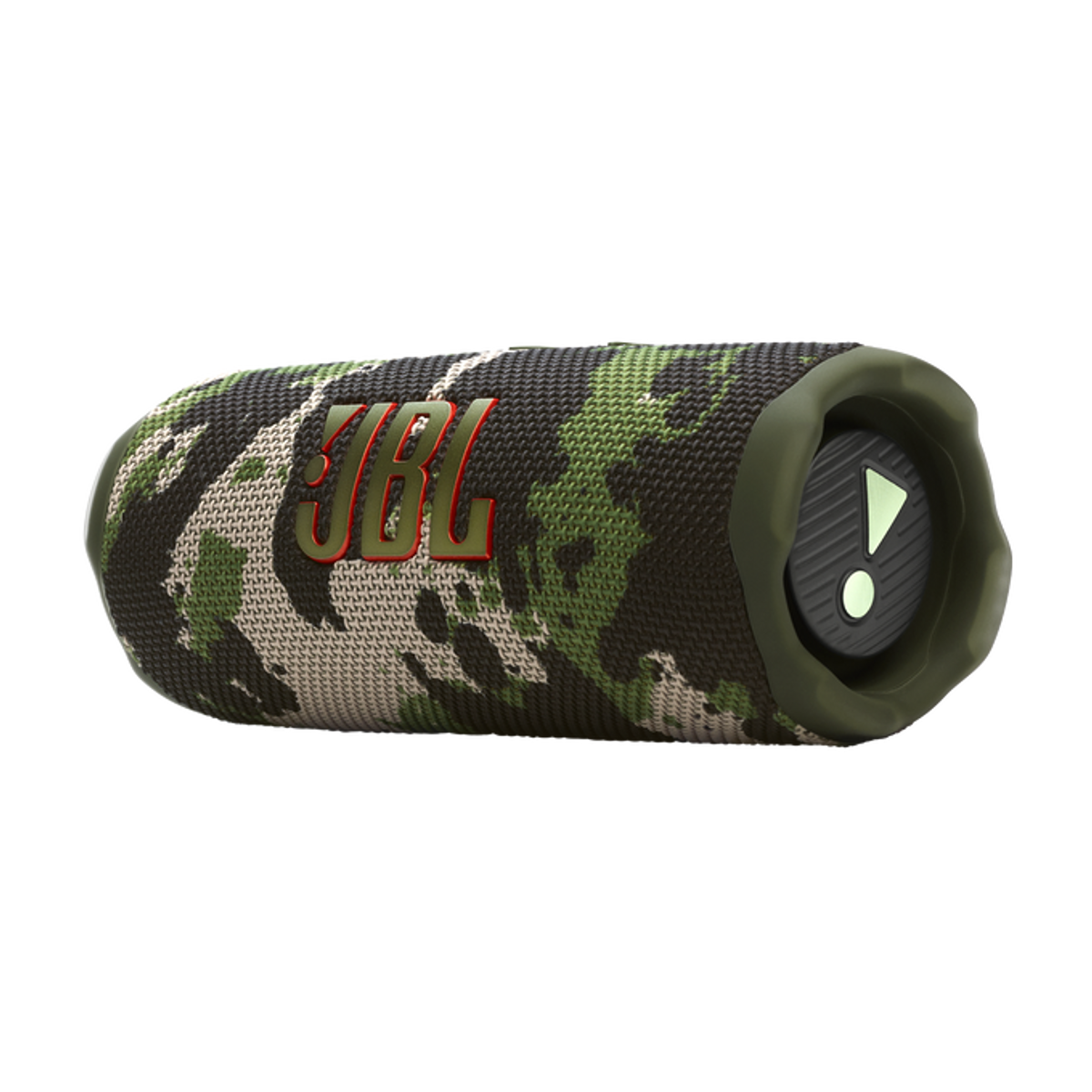 Głośnik JBL w kamuflażu. Zielony i brązowy wzór kamuflażu z marką JBL z przodu.