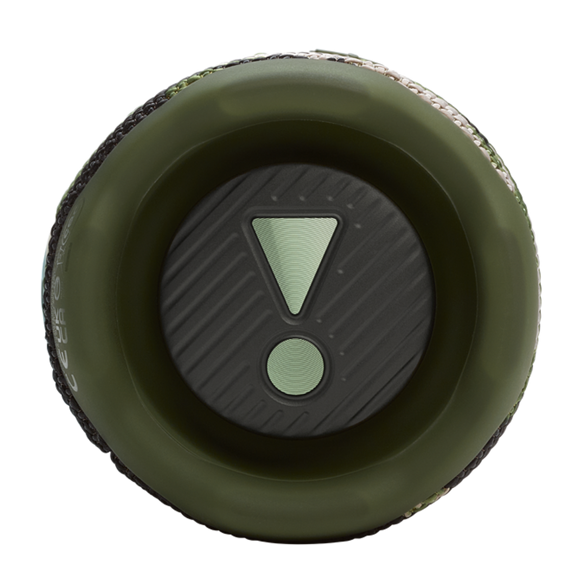 Zielony głośnik z czarnym środkiem i białym symbolem znaku wykrzyknika.