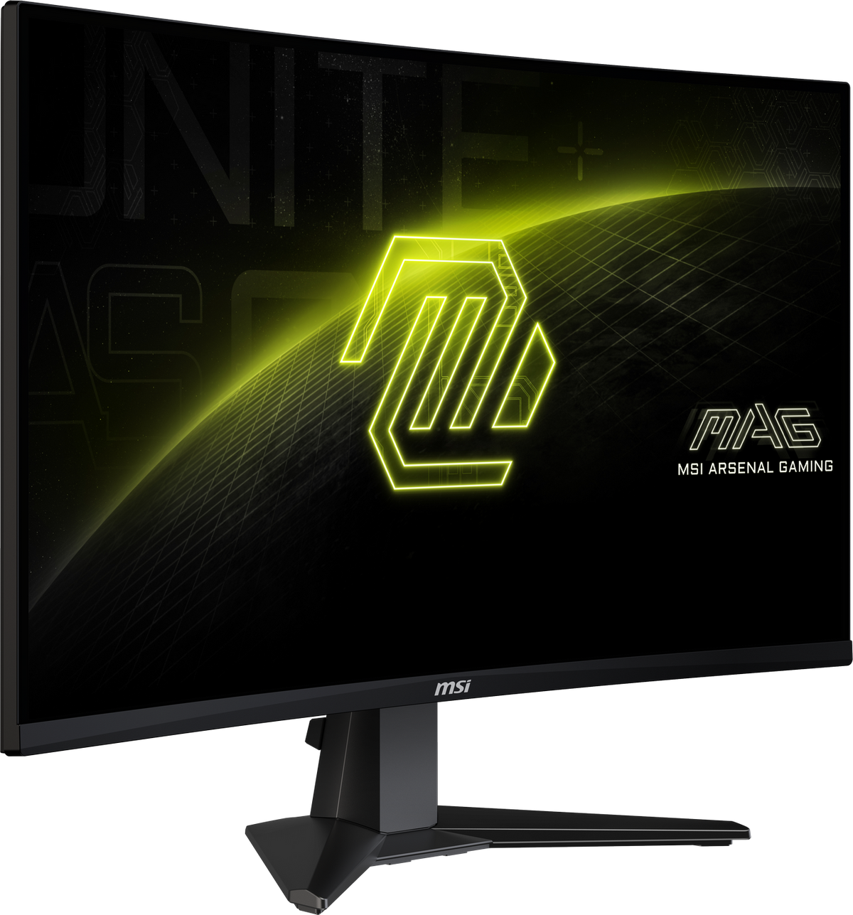 MSI MAG logosu olan kavisli bir monitör. Ekran sarı ve siyah bir grafik içeriyor. Siyah çerçeve ve stand.