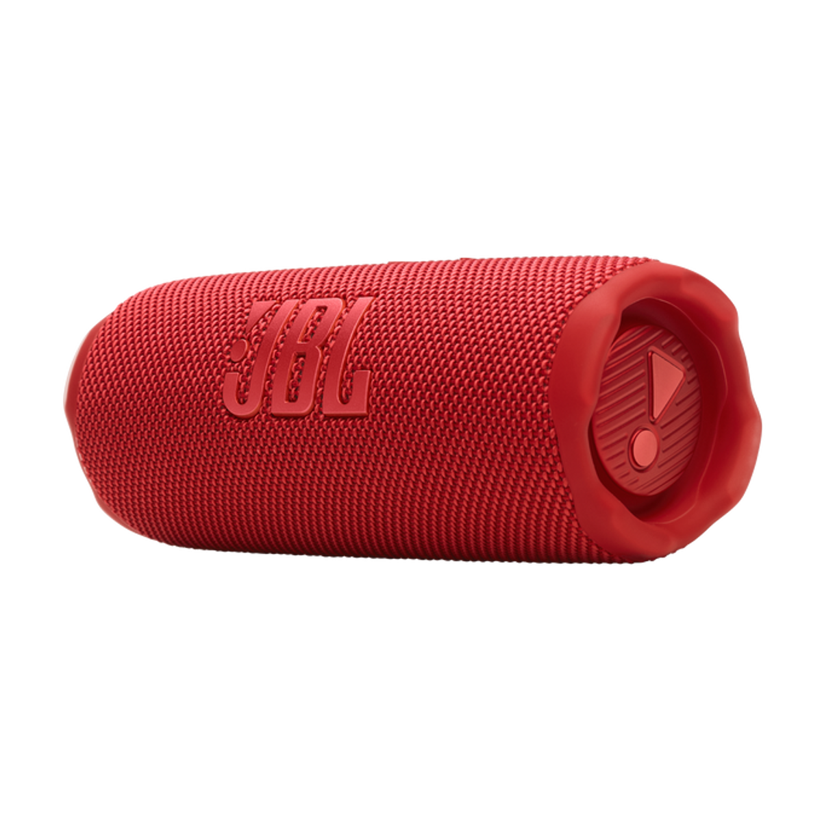 Enceinte JBL rouge, cylindrique, avec le logo JBL et un panneau de contrôle à l'extrémité, isolée sur fond noir.