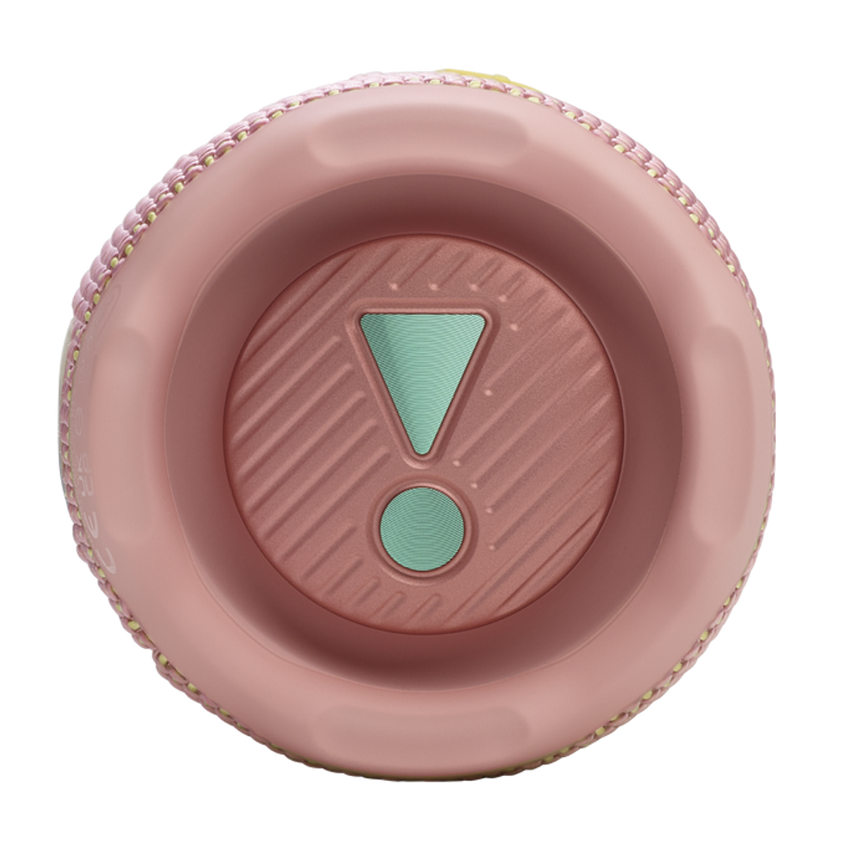 Różowy głośnik JBL od spodu, z logo i designem, czarne tło.