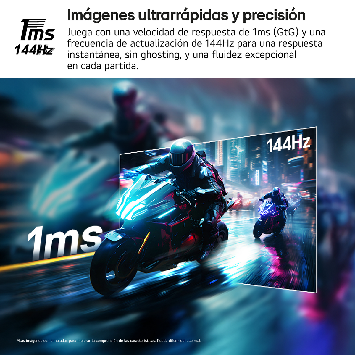 Obraz przedstawiający osobę jadącą motocyklem, z tekstem 1ms i 144Hz wyświetlanym w widocznym miejscu.