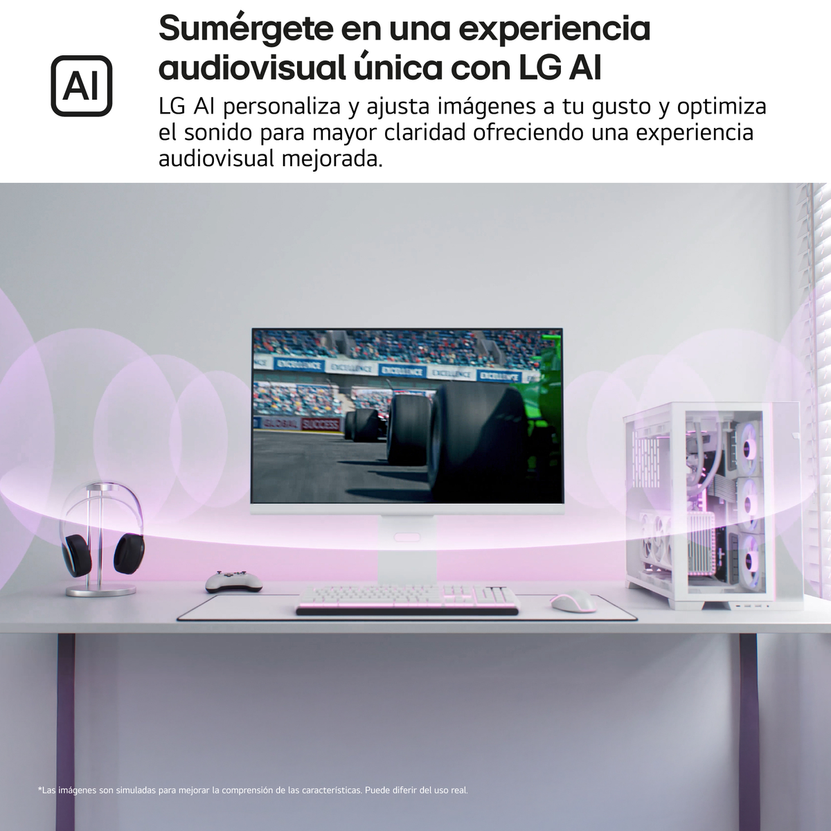 Konfiguracja komputera z monitorem, klawiaturą i białą obudową komputera. Pokój jest nowoczesny.