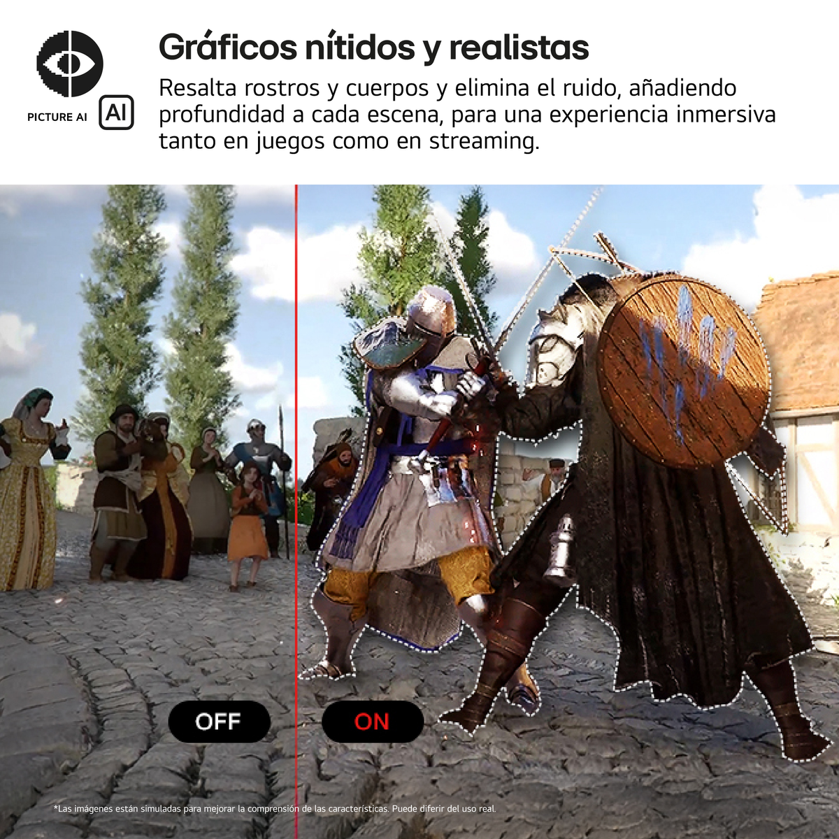 Obraz porównujący ustawienia graficzne 'OFF' i 'ON' w scenie gry z walczącymi rycerzami.