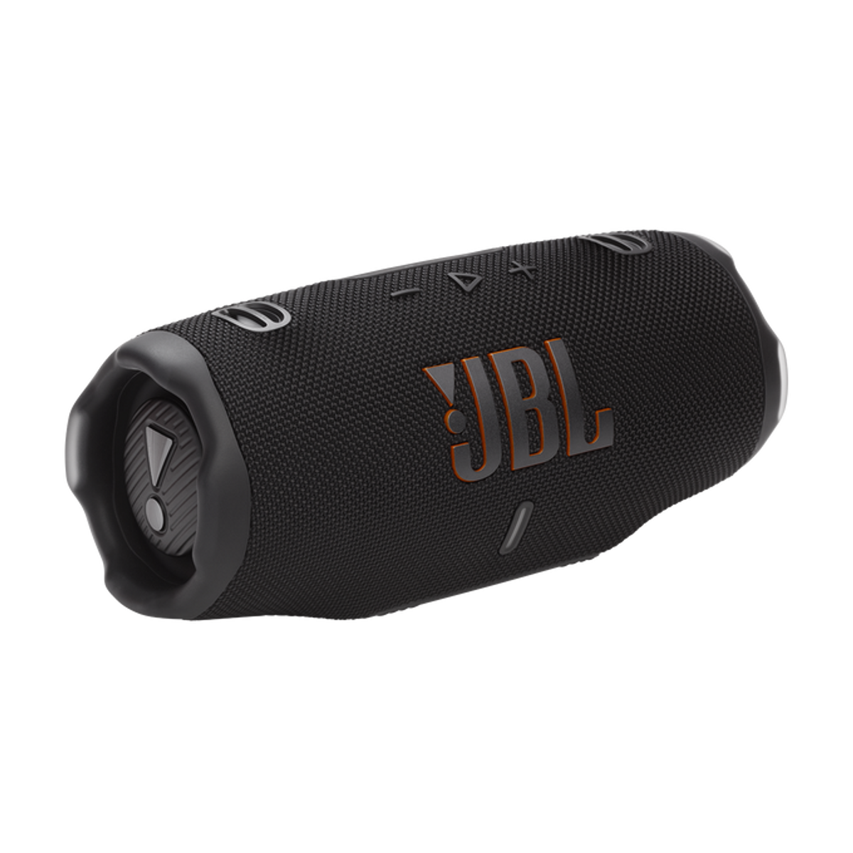 Un altoparlante JBL nero. Ha una forma cilindrica. Il logo JBL è arancione.