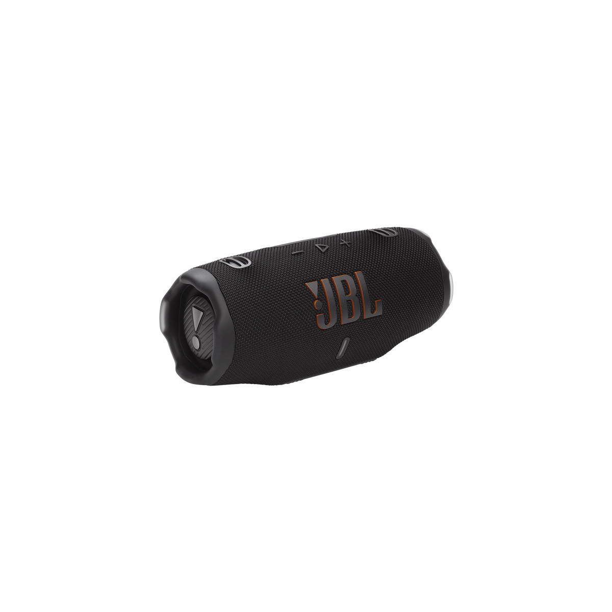 Altoparlante JBL nero con logo arancione. Su sfondo bianco.