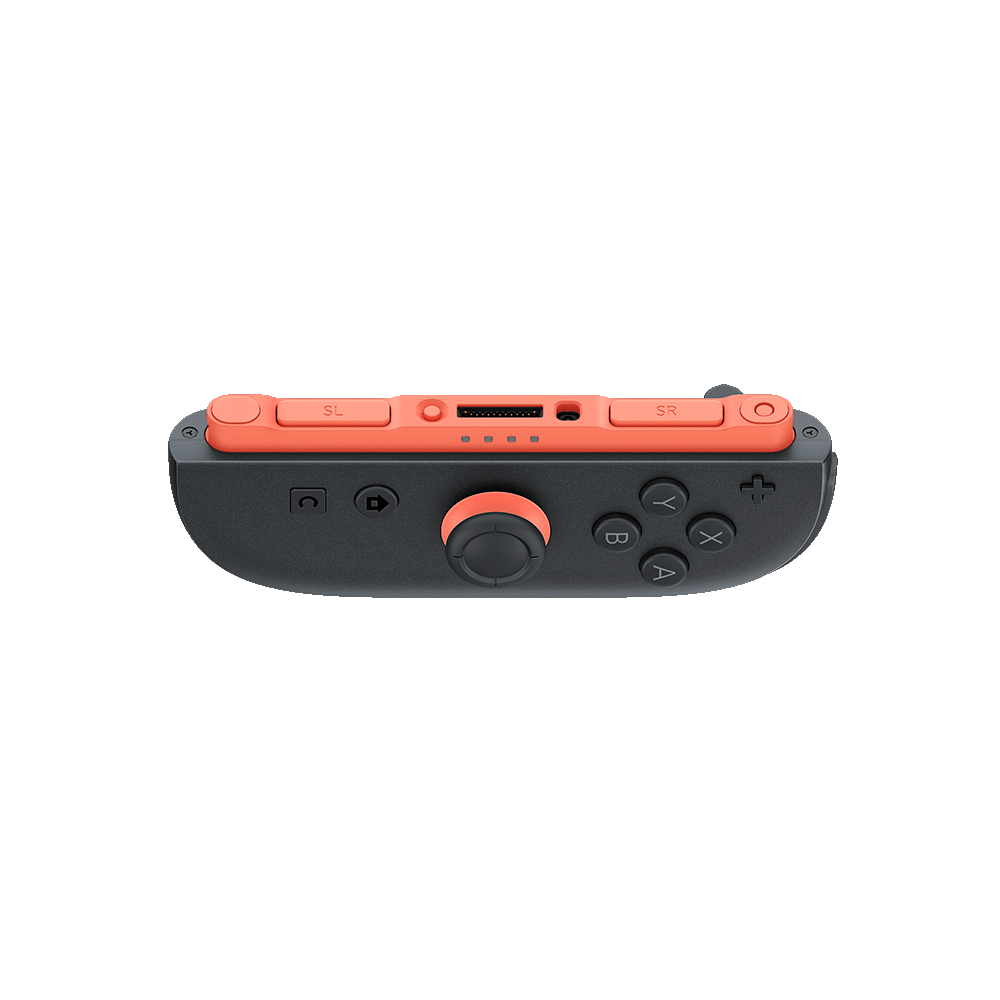 Vista dall'alto di un controller Nintendo Switch arancione e nero, con pulsanti e joystick.