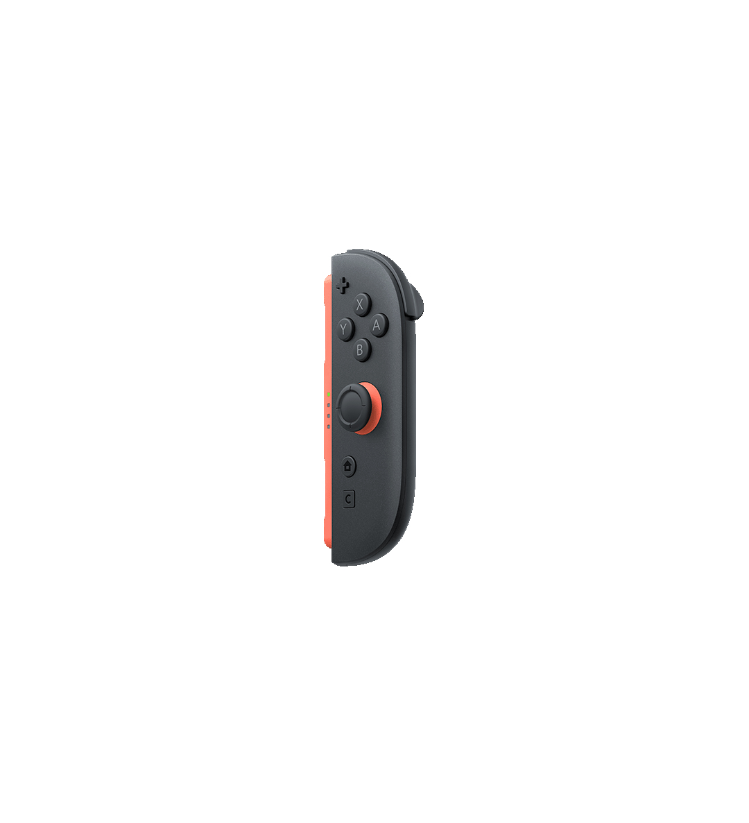 Un controller Nintendo Switch grigio e arancione, isolato su bianco.