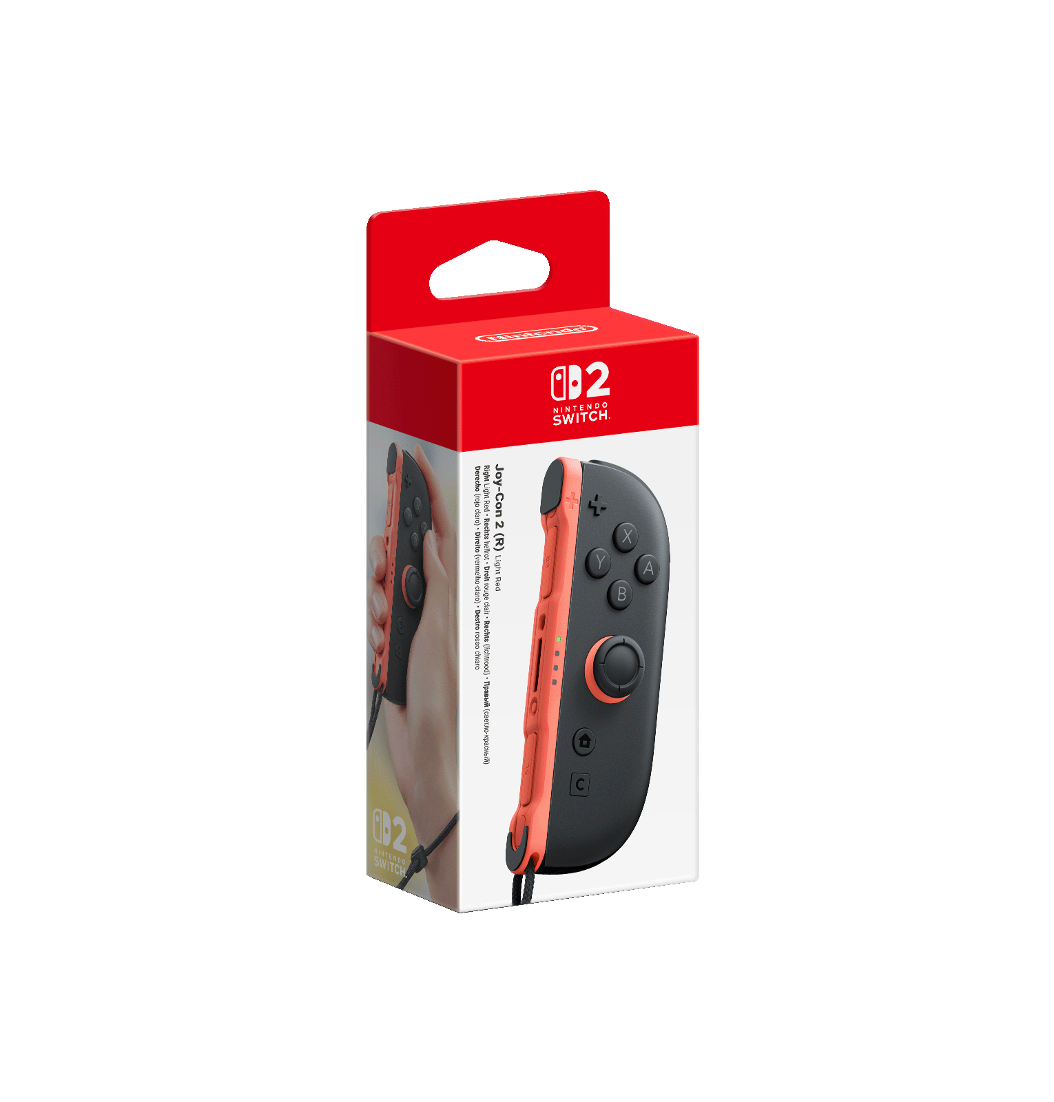 Scatola di Joy-Con Nintendo Switch. Controller rossi e neri visibili all'interno.
