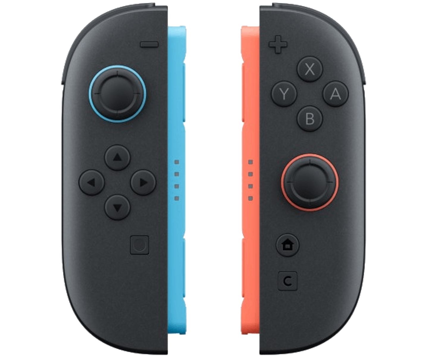 Dwa szare kontrolery Joy-Con do Nintendo Switch, jeden niebieski i jeden czerwony z przyciskami i gałkami.