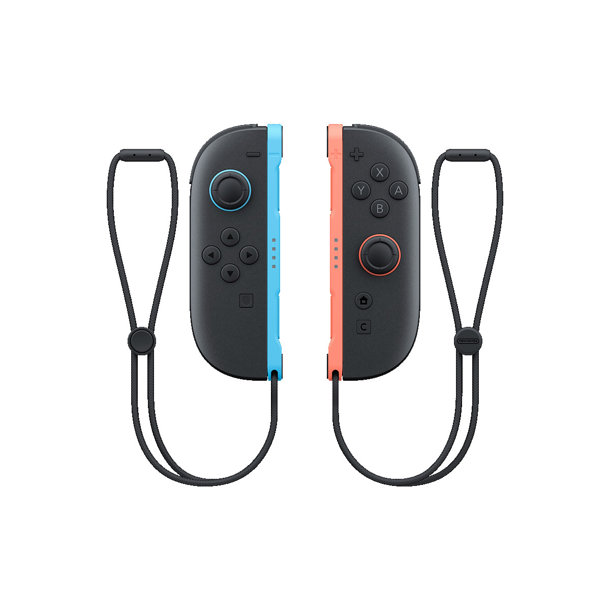 Dwa czarne kontrolery Nintendo Switch z paskami na nadgarstek, jeden niebieski, drugi pomarańczowy.