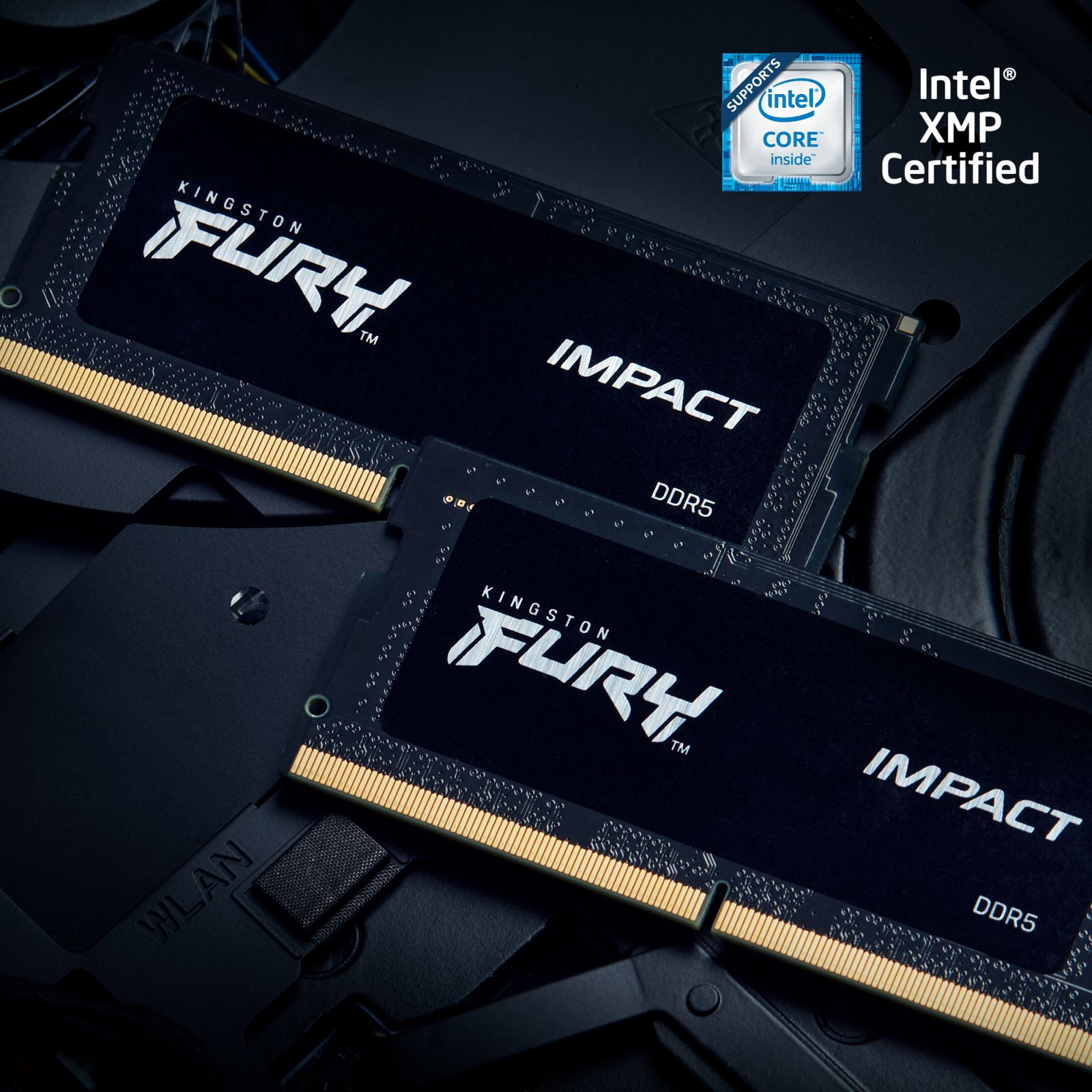 Two black Kingston Fury Impact DDR5 RAM sticks with gold accents, on a dark background.