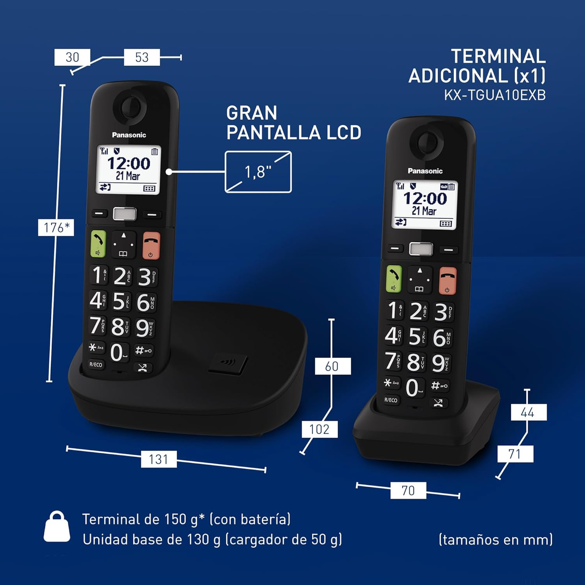 Deux téléphones Panasonic noirs avec écran, base et étiquettes de texte décrivant les dimensions.