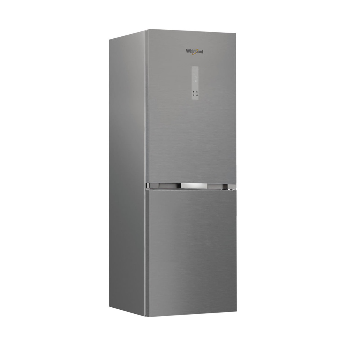 Srebrna lodówka Whirlpool z dwudrzwiową konstrukcją.