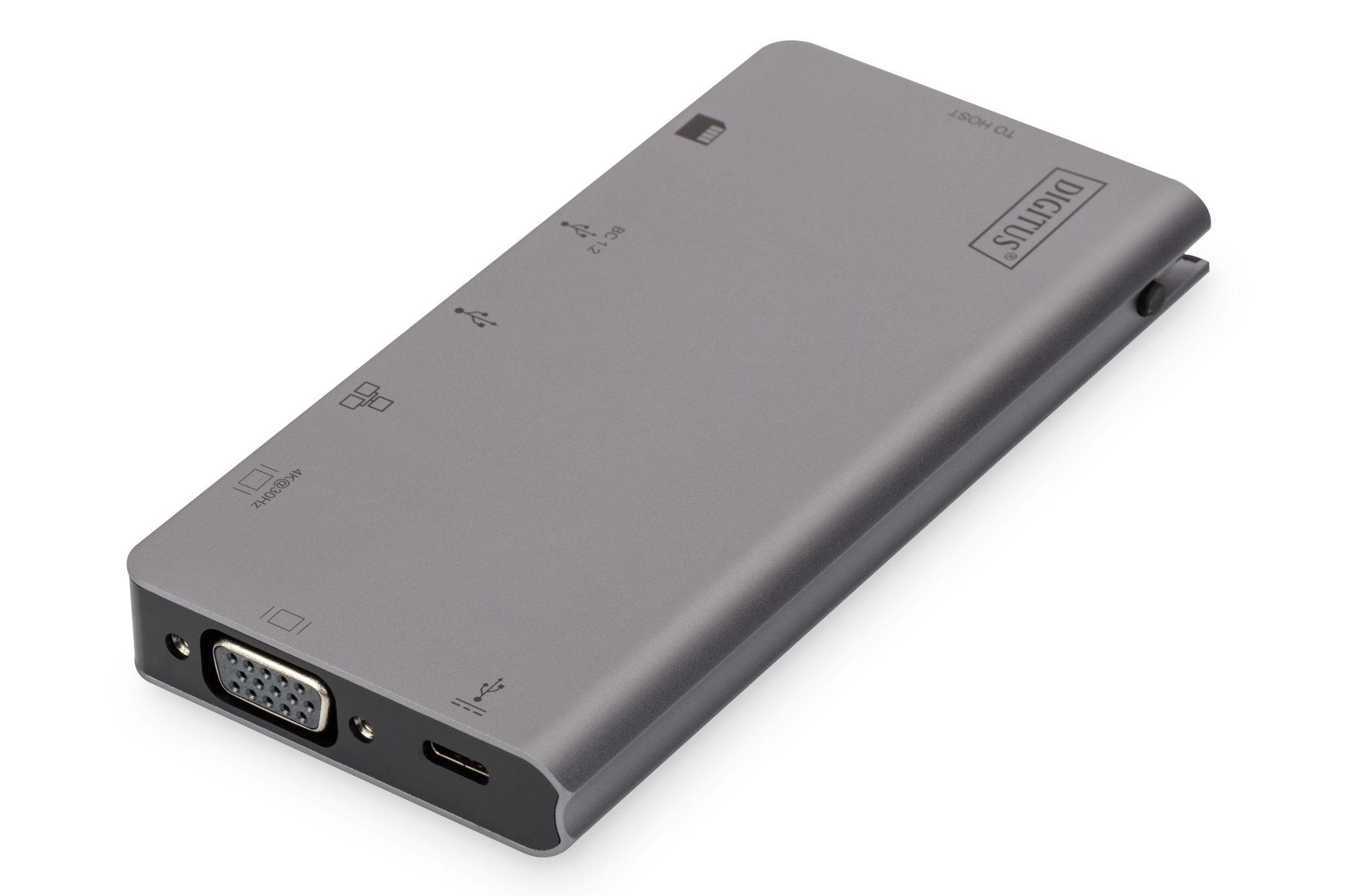 Hub USB-C Digitus grigio con più porte, tra cui VGA, USB e HDMI, su sfondo bianco.