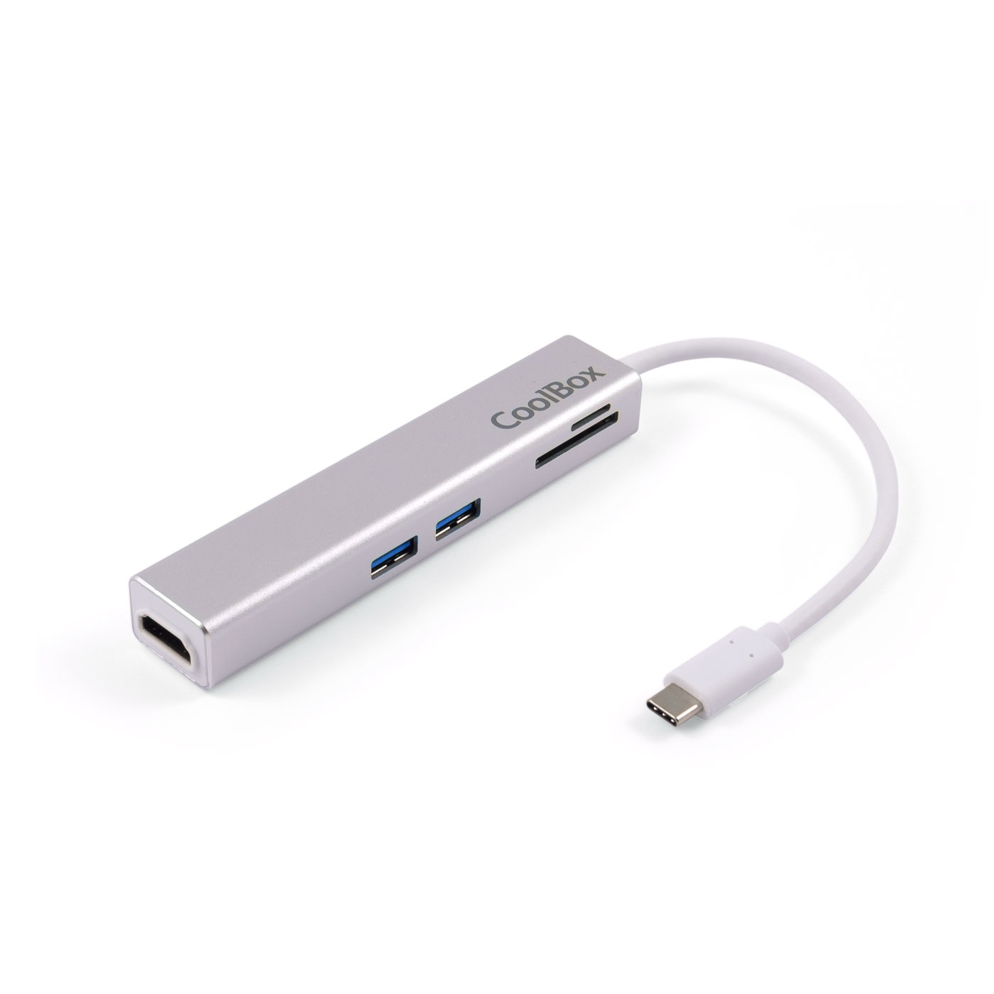 Concentrador plateado con puertos HDMI, USB y tarjetas SD. Cable blanco USB-C.