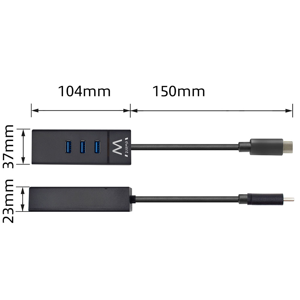 Concentrador USB negro con tres puertos USB y cable USB-C conectado, con dimensiones.