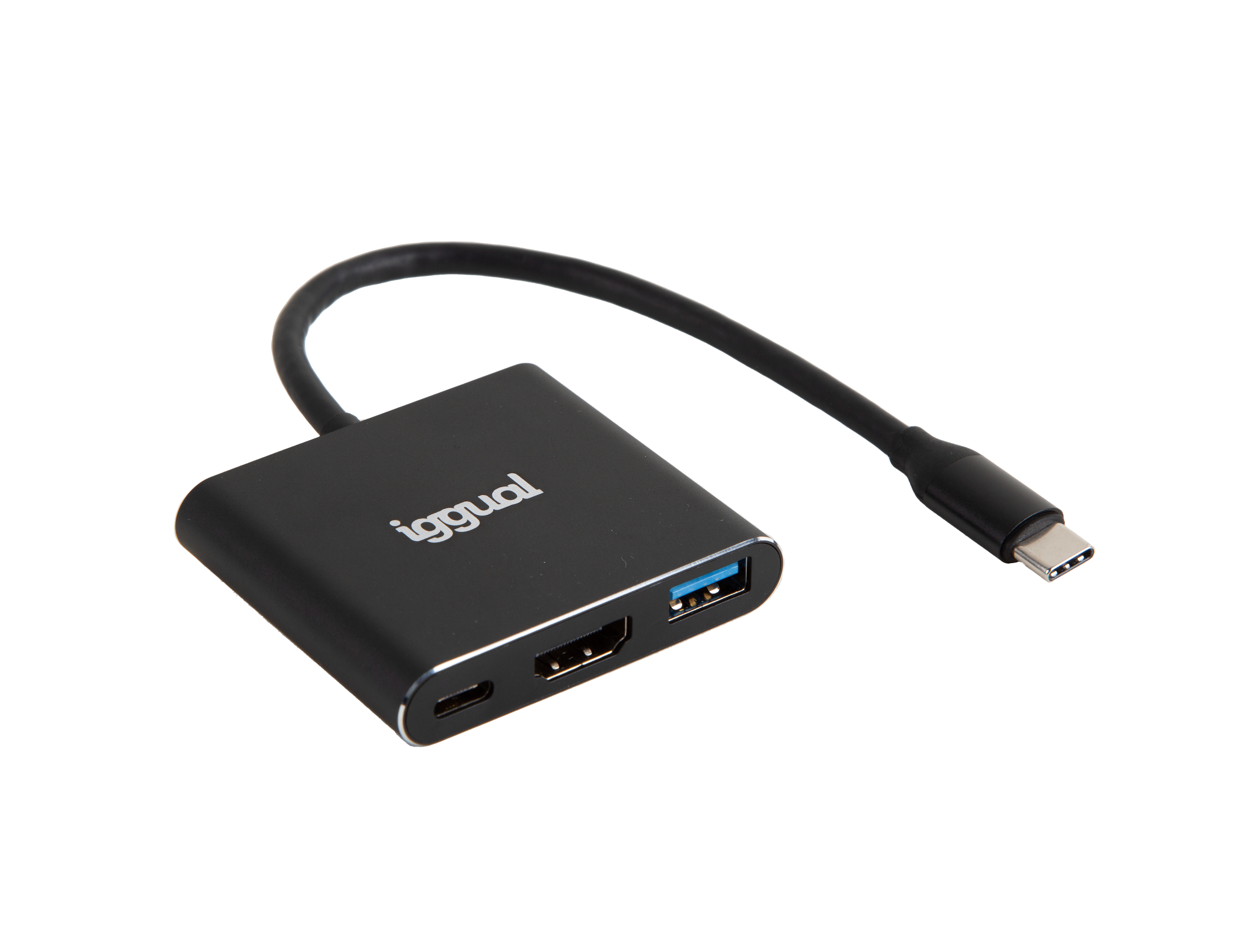 Hub USB-C nero con una porta HDMI, USB e USB-C. Cavo nero collegato, sfondo bianco.