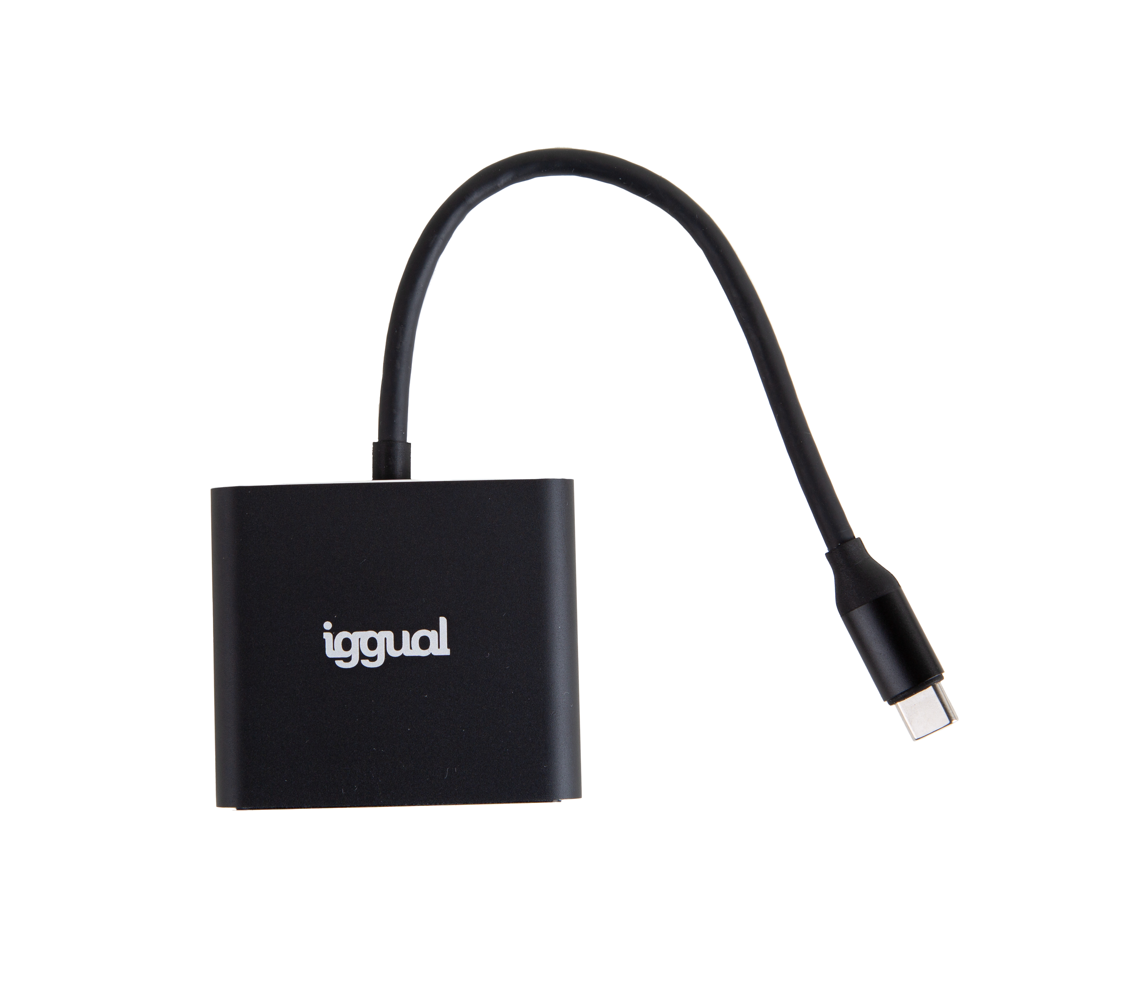 Adattatore nero con connettore USB-C e cavo. L'altra estremità ha una scatola nera.